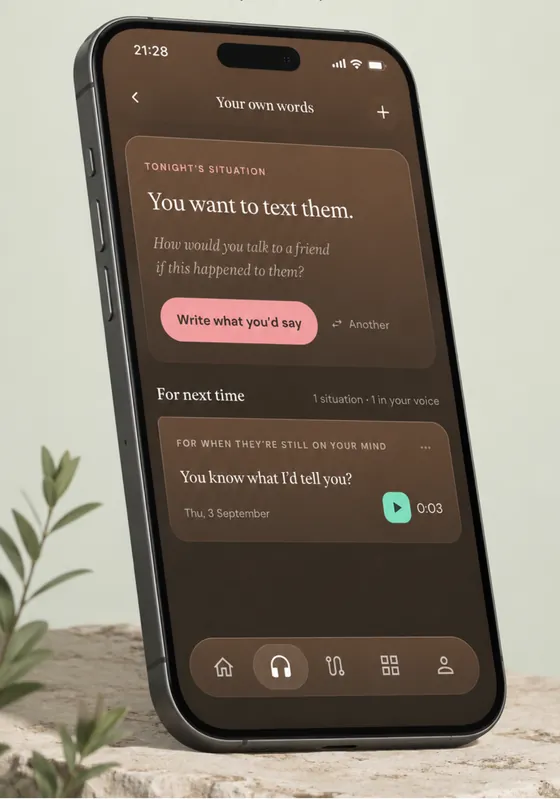The situation screen on an iPhone: a situation, the question of how you would talk to a friend going through it, a button to write what you'd say, and a saved recording three seconds long.
